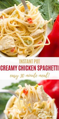 instant pot creamy chicken spaghetti is an easy 30 minute meal that's ready in just 20 minutes