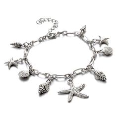 All the treasures of the sea dangle along this interesting chain. Conch, seashells, and starfish dance alongside the large center star. Each is detailed with etching and burnished with black for realism and depth. Glamorous beach or cruise ship wear. Material: Alloy with silver plating Length: 7.25 inches with 2 inch chain extension Comes in a gift box. (Reg $28.95) Womens Ankle Bracelets, Seashell Bracelet, Silver Ankle Bracelet, Women Anklets, Seashell Jewelry, Sterling Silver Charm Bracelet, Snake Bracelet, Seashell Necklace, Shell Bracelet