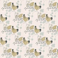 an image of chickens in the grass on a wallpaper pattern that is very cute