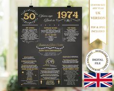 a black and gold 50th anniversary poster with an image of the wedding date on it