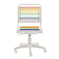 a white office chair with multicolored stripes on the seat and back, against a white background