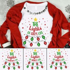 Personalized Grandma Christmas Shirt, Custom Mimi Xmas Lights Kid names, The Lights Of Nana's Life, Christmas Custom Gigi Nana Mimi Shirt Fiber composition Solid colors are 100% cotton; Heather colors are 50% cotton, 50% polyester (Sport Grey is 90% cotton, 10% polyester); Antique colors are 60% cotton, 40% polyester Fabric Made from specially spun fibers that make very strong and smooth fabric, perfect for printing Without side seams Knitted in one piece using tubular knit, it reduces fabric waste and makes the garment more attractive Ribbed knit collar without seam Ribbed knit makes the collar highly elastic and helps retain its shape Shoulder tape Twill tape covers the shoulder seams to stabilize the back of the garment and prevent stretching Machine wash: warm (max 40C or 105F); Non-ch Nana Christmas Shirt, Christmas Sweatshirt Ideas, Diy Christmas Shirts, Personalized Christmas Shirts, Grandma Christmas, Family Pjs, Grandmas Christmas, Christmas Shirts For Kids, Christmas Vinyl