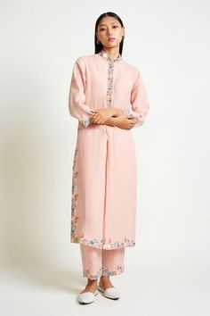 Buy Peach Linen Embroidery Band Collar Kurta And Pant Set For Women by Payal Pratap Online at Aza Fashions. Payal Pratap, Kurta Pant Set, Pakistani Fashion Party Wear, Embroidered Pants, Embroidery Suits Design, Fancy Dress Design, Sharara Set, Salwar Kameez Designs, Embroidered Neckline