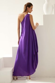 Purple one-shoulder draped maxi dress in modal base. - Aza Fashions One Shoulder Pre-draped Maxi Dress, Pre-draped Asymmetrical Maxi Dress For Summer, Asymmetrical Pre-draped Maxi Dress For Summer, Pre-draped One Shoulder Summer Dress, Pre-draped One Shoulder Maxi Dress For Summer, Summer Pre-draped One Shoulder Maxi Dress, One-shoulder Pre-draped Maxi Dress For Summer, Summer One Shoulder Pre-draped Maxi Dress, Summer Pre-draped Floor-length Maxi Dress