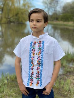 Beautiful Traditional Guayabera for Boys. This elegant button up Shirt is perfect for a special occasion such as First Communion, Baptism, Weddings, etc. Traditional Fit Short Sleeve Shirt, Casual Embroidered Shirt Traditional Fit, Casual Embroidered Shirt With Traditional Fit, Traditional White Shirt For Festivals, Traditional Blue Shirt For Summer, Traditional Blue Summer Shirt, Traditional White Embroidered Shirt, Summer Festival Embroidered Shirt, Traditional Shirt With Multicolor Embroidery For Summer