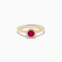 Effy Ruby Royale 14K Yellow Gold Round Diamond Halo Ruby Ring, 0.52 TCW Heirloom 14k Gold Halo Ring, 14k Gold Halo Ring With Prong Setting, Heirloom 14k Gold Cluster Ring With Halo, Fine Jewelry Yellow Gold Ruby Ring With Halo Design, Heirloom 14k Gold Halo Ring With Round Cut, Heirloom 14k Gold Halo Cluster Ring, Yellow Gold Ruby Rings With Halo Design, Heirloom Halo Cluster Ring In 14k Gold, 14k Gold Red Cluster Ring With Brilliant Cut