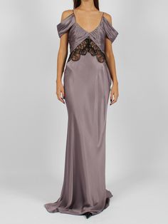 Alberta Ferretti long dress , in satin with lace insert at the waist. - FW23 - Lowered shoulder straps - Draped bodice - Lace insert at the waist - Fluid skirt - Zip closure on the back - Made in Italy - 70% Acetate 30% Silk | Alberta Ferretti Women's Lace Insert Long Dress in Pink/Purple | FW23/24 Satin Gown, Lace Insert, Alberta Ferretti, Lace Panelled, Dolce & Gabbana, Women Lace, Missoni, Shirts & Tops, Isabel Marant