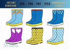 four different rain boots with hearts and stars on them, all in blue and yellow