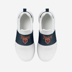 You are the heart and soul of your fanbase. But with these Chicago Bears Women's Script Wordmark White Slip On Sneakers, you'll also be the heart and "sole." Features All-over white design so you can rep the team in style Team-colored strap with team logo display and script team name display, in case there were any doubts where your allegiances lie Team-colored bootstrap on heel for a little extra team spirit Mesh construction for epic comfort and versatility Slip-on structure for an easy wear C White Slip On Sneakers, Logo Display, White Slip, Team Name, Heart And Soul, On Sneakers, Chicago Bears, Team Names, Toe Designs