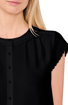 Dainty scalloped edges highlight the cap sleeves of this light and airy georgette top. 24 1/2" length (size Medium) Front button closure Band collar Cap sleeves 100% polyester Machine wash, tumble dry Imported Elegant Black Flutter Sleeve Blouse, Elegant Sleeveless Tops With Scalloped Edges, Elegant Fitted Blouse With Scalloped Edges, Elegant Blouse With Scalloped Edges, Chic Fitted Blouse With Scalloped Edges, Black Flutter Sleeve Fitted Blouse, Summer Blouse With Scalloped Edges And Short Sleeves, Elegant Summer Top With Cap Sleeves, Elegant Cap Sleeve Tops For Summer