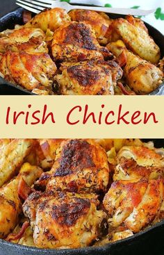 two pictures of chicken in a skillet with the words irish chicken written on it