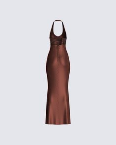 Make the outside just as beautiful as the inside while exuding elegance in this brown halter dress detailed with sequins and a tie-up back 🤎✨ Brown Prom Dress, Brown Halter Dress, Brown Dresses Formal, Dresses 90s, Prom Dresses 2020, Earthy Outfits, Guest Attire, Wedding Attire Guest, Dress Gloves