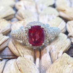 Luxury Ruby Jewelry With Pave Setting, Elegant Red Diamond Gemstones, Luxury Red Ring With Pave Setting, Ruby Rings With Pave Setting, Oval Ruby Diamond Ring With Pave Setting, Red Platinum Rings With Diamond Accents, Platinum Rings With Red Diamond Accents, Red Diamond Fine Jewelry Gemstones, Elegant Red Gemstone With Center Stone