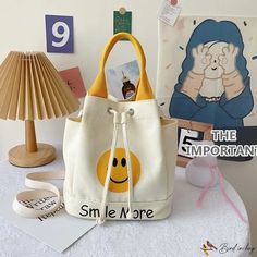 Bird in Bag - Canvas bucket bag bag women's bag new smiley face print drawstring handheld shoulder crossbody bag student bag Smiley Face Print, Canvas Bucket Bag, Student Bag, Face Print, Street Trends, Women's Bag, Printed Drawstring, Sewing Thread, Bag Bag