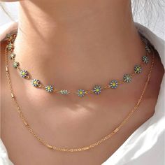 Cute Layered Beach Necklace Flower Decor On Gold Chain Summer Chain Choker Necklace, Summer Choker Necklace With Chain, Trendy Blue Jewelry For Spring, Summer Necklaces With Delicate Chain, Delicate Chain Necklace For Summer, Trendy Blue Flower Shaped Jewelry, Summer Delicate Chain Necklace, Summer Multicolor Clavicle Chain Jewelry, Blue Trendy Jewelry With Delicate Chain