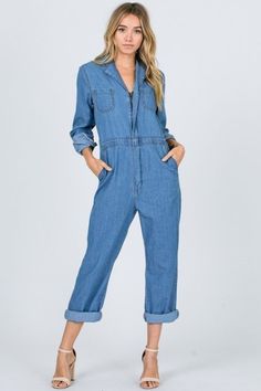 Medium Wash Utility Overalls, Utility Medium Wash Overall Jumpsuits, Utility Style Medium Wash Overalls Jumpsuit, Utility Overall Jumpsuits And Rompers In Medium Wash, Utility Jumpsuits And Rompers With Pockets In Medium Wash, Utility Style Denim Blue Denim Jumpsuit, Utility Style Denim Blue Jumpsuit, Utility Denim Jumpsuit In Denim Blue, Trendy Light Wash Overalls For Workwear