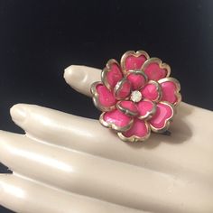 Unique Vintage Pink/Gold Toned Flower Ring With Swarovski Crystal Center And Adjustable Elastic Band. New Unused, No Flaws. Rose Gold Flower Rings For Party, Pink Flower Ring For Spring Wedding, Spring Pink Flower Ring Gift, Spring Rose Gold Flower Ring, Spring Wedding Pink Flower Ring, Pink Ring As Spring Season Gift, Pink Ring For Spring Gift, Elegant Adjustable Pink Flower Ring, Pink Rings Suitable For Spring Gift