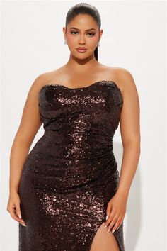 Available In Wine And Chocolate. Sequin Gown Strapless Sweetheart Neckline Ruched Lace Up High Slit Lined Stretch Self: 100% Polyester Lining: 100% Polyester Imported | Sydney Lace Up Sequin Gown Dress in Chocolate Brown size Small by Fashion Nova Wine And Chocolate, Chocolate Fashion, Strapless Sweetheart Neckline, Woman Back, Sequin Gown, Gown Dress, Matching Dresses, Active Wear For Women, Chocolate Brown