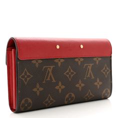 This is an authentic LOUIS VUITTON Monogram Pallas Wallet in Cherry. This stylish clutch wallet is crafted of Louis Vuitton classic monogram coated canvas. The wallet features a cherry red calfskin leather top flap that opens with a brass push lock to a partitioned matching red leather interior with card slots, patch pockets, and a zipper compartment. Classic Monogram, Plastic Stickers, Louis Vuitton Wallet, Cherry Red, Leather Interior, Clutch Wallet, Leather Top, Authentic Louis Vuitton, Red Leather