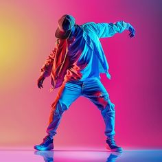 a man in blue and red clothes is doing a dance move on a pink background