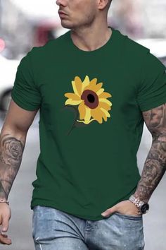 Sunflower Pattern Print Casual Crew Neck Short Sleeve T-shirt For Men, Quick-drying Comfy Casual Summer Tops For Daily Wear Work Out And Vacation Resorts Sunflower Pattern, Casual Summer Tops, Vacation Resorts, Comfy Casual, T Shirt For Men, Summer Tops, Work Out, Summer Casual, Quick Dry