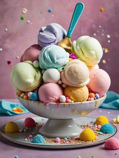 a bowl filled with lots of different colored ice cream