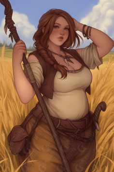 a woman in a brown outfit is holding a stick and standing in a wheat field