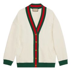 Gucci Cotton Jersey Cardigan With Web 'Off White' 752190-XJFV6-9150 Gucci Polo Shirt Men, Gucci Cardigan, Gucci Sweatshirt, Men Cardigan, Jersey Cardigan, Gucci T Shirt, Web Detail, Black Polo Shirt, Short Cardigan