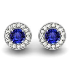 White Gold Tanzanite Earrings With Brilliant Cut, Anniversary Tanzanite Earrings With Prong Setting, Classic Tanzanite Earrings For Anniversary, Formal Round Sapphire Diamond Earrings, Classic Round Tanzanite Earrings, Classic Sapphire Earrings With Halo Setting, Tanzanite Earrings With Prong Setting, Round Tanzanite Earrings For Anniversary, Tanzanite Earrings For Anniversary