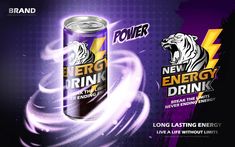 a can of energy drink with the words energy drink and an image of a tiger on it