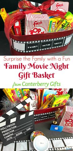 the family movie night gift basket is filled with movies and candy