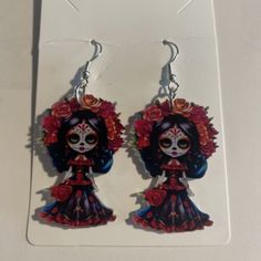 Day of the Dead Catrina earrings New  | eBay Cute Silver Flower Earrings, Nickel-free Red Crystal Earrings, Red Nickel-free Crystal Earrings, Cute Hand Painted Red Jewelry, Unique Hand Painted Party Earrings, Cute Red Hand Painted Jewelry, Cute Red Hand-painted Jewelry, Unique Plug Earrings For Gift, Unique Plug Earrings As Gift