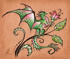 a drawing of a green dragon with pink flowers on it's tail and wings