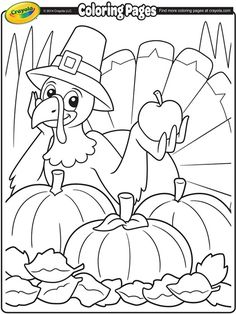 a coloring page with a turkey in a pilgrim hat and pumpkins on the ground