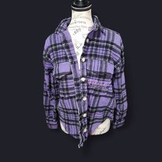 Nwot Adult Wakanda Forever Flannel Shirt Size Small Purple And Black Plaid Thicker Flannel Button Up Fold Down Collar Design On Back And Front Left Pocket Unisex 21 In Pit To Pit 23 In Long In Front 25 In Long In Back Casual Purple Collared Outerwear, Purple Button-up Cotton Outerwear, Purple Cotton Button-up Outerwear, Trendy Purple Cotton Shirt, Purple Cotton Outerwear With Button Closure, Purple Buttoned Winter Tops, Purple Fall Shirt With Buttons, Casual Purple Shirt With Buttons, Purple Winter Tops With Button Closure