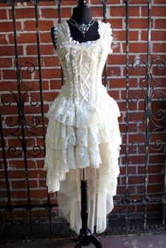 Shrine of Hollywood PARIS CABARET DRESS - IVORY TAFFETA White Goth Dress, Brocade Corset Top, Pixie Clothes, Cabaret Dress, Paris Cabaret, Brocade Corset, White Goth, Ribbon Laces, Fairytale Dress