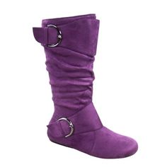 This style runs pretty true to size Round toe design Side Zip Closure Large buckle Finished with cushioned insole Faux Suede Heel Height: 0.25" (approx) shaft length:13.25" (approx) top opening circumference: 16" (approx) heel top opening circumference: 14.5" Size: 5.5.  Color: Purple.  Gender: female.  Age Group: adult. Forever Link Shoes, Knee High Cowboy Boots, Pink Cowboy Boots, Round Toe Boots, Purple Boots, Faux Suede Boots, Slouchy Boots, Faux Leather Heels, Rounded Toe Boots