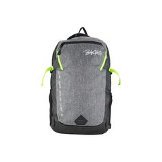 a grey backpack with neon straps on the front and side pockets, sitting against a white background