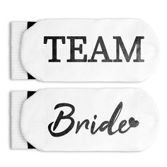 the bride and groom name tags are white with black lettering on them that says team, bride