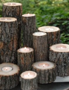 candles are placed in the middle of wood logs