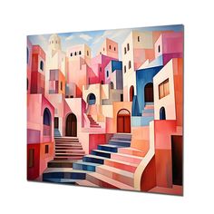 an abstract painting of steps leading up to the sky and buildings in pink, blue, orange and white