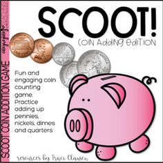 a pink pig with some coins on it's back and the words scoot on its