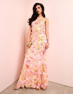 ASOS LUXE 3D floral ruffle maxi dress with tie back in floral print | ASOS Chic Floral Print Dresses For Prom Season, Spring Prom Dresses, Floor-length, Spring Prom Dresses Floor-length, Pink Summer Maxi Dress For Wedding Guest, Fitted Tie Back Maxi Dress For Wedding Guest, Spring Floral Print Maxi Dress With Fitted Bodice, Floral Embellished Maxi Dress For Spring Prom, Feminine Floral Print Dress For Prom Season, Chic Floral Embellished Maxi Dress For Spring