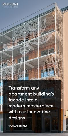 an advertisement for redfort's apartment building with the words transform any apartment building's facade into a modern masterpiece with our innovative designs