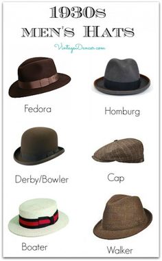 1930s Men's hat Styles. Learn more and shop at VintageDancer.com 1930s Hats, 1930 Fashion, Popular Hats, Hat Styles