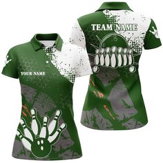 a women's green and white bowling jersey