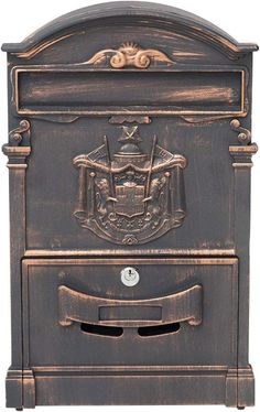 an old fashioned mailbox is shown with the emblem on it