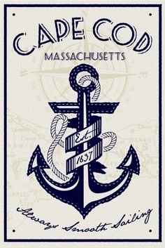 an anchor with rope on it and the words cape cod massachusetts written in blue ink