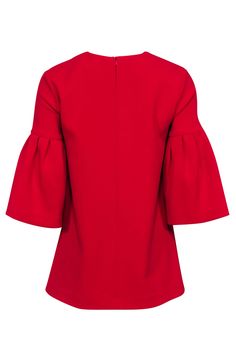 Embrace a modern take on retro style with this bell-shaped top by Edit. The full silhouette includes pleated bell sleeves in a striking red hue. Continue with the 60s inspiration by pairing with cropped, slim pants and a sleek patent leather pump. Size XS 95% Polyester, 5% Spandex Bell silhouette Concealed back zipper Bust 34" Waist 42" Shoulder to hem 27" Sleeve length 15" Chic Tops With Pleated Bell Sleeves, Chic Top With Pleated Bell Sleeves, Spring Bell Sleeve Top With Pleated Sleeves, Chic Fall Tops With Flared Cuffs, Spring Tops With Pleated Bell Sleeves, Chic Tops With Flared Cuffs For Fall, Chic Bell Sleeve Tops For Work, Fitted Bell Sleeve Tops For Work, Bell Sleeve Tops For Spring Evenings