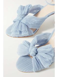 LOEFFLER RANDALL Camellia bow-embellished plissé-organza sandals | NET-A-PORTER Blue Heels Outfit, White Chunky Sandals, Loeffler Randall Shoes, Striped Flats, Blue Wedding Shoes, Bridal Ideas, Rose Shoes, Blue Heels